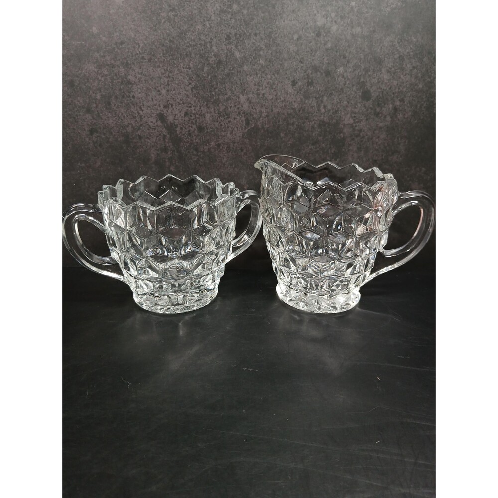 Pressed Crystal Sugar Creamer Layered Diamond & Sunburst Pattern Set